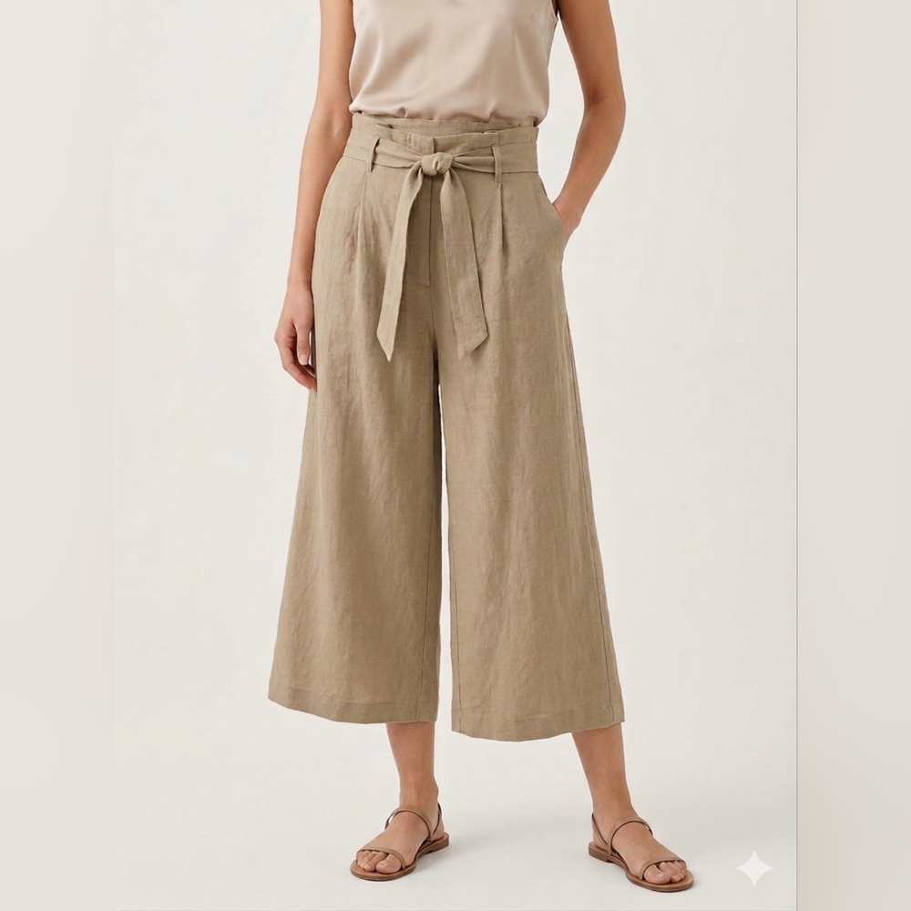 Shinestar Beige Tan Paperbag Wide-Leg Tie-Waist Linen Pants